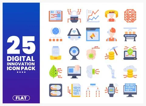 Flat design digital innovation icons on a blue background. Illustrazione stock