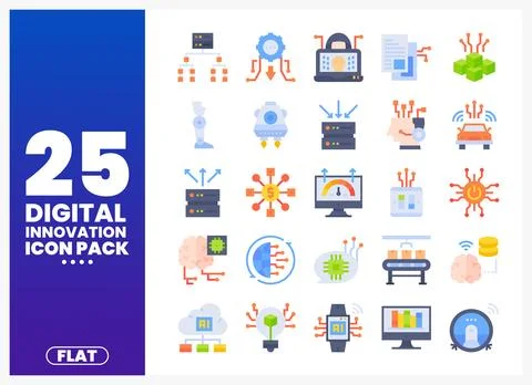 Flat design digital innovation icons with AI and technology themes in a whi.. Stock Illustration