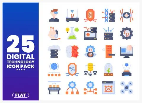 Flat design digital technology icon pack with icons on white background Stock Illustration