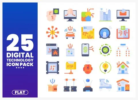 Flat design digital technology icons pack. AI. cybersecurity. IoT. and soft.. Stock Illustration