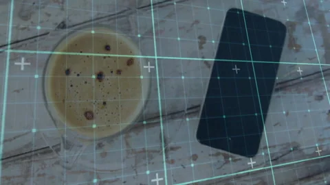 Flat design displaying coffee cup on whitewashed table beside smartphone under Stock Footage 307445666