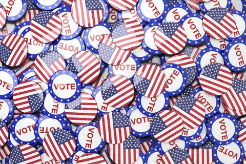 Flat design is displaying overlapping US flag campaign buttons with bold VOTE Stock Photos