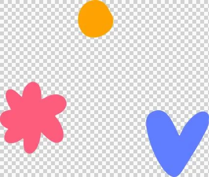 Flat design is displaying yellow circular blob, pink flower, blue heart on Stock Illustration