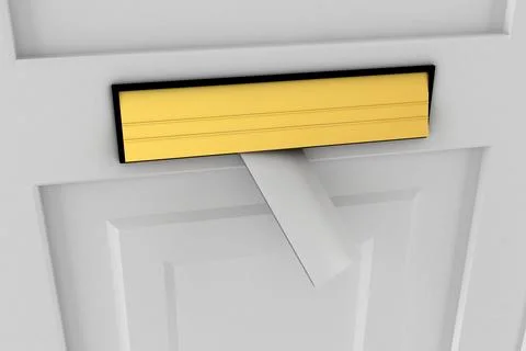 Flat design door is showcasing mail slot with gold flap lifting open and white Stock Photos