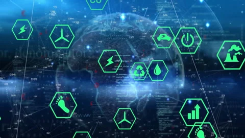 Flat design dotted globe showing network links and floating hexagon icons Stock Footage 309286166
