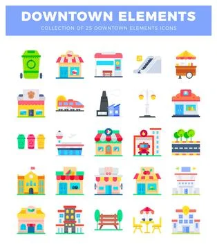 Flat design downtown city element icons. Illustrazione stock