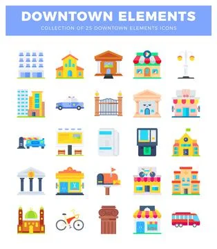 Flat design downtown elements collection Stock Illustration