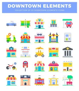 Flat design downtown elements icons collage. various city objects and build.. イラスト素材