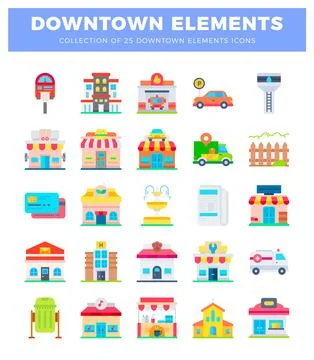 Flat design downtown elements icons. Ilustración de archivo