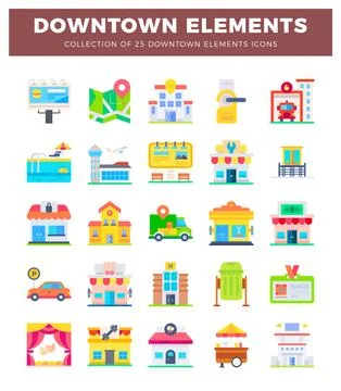 Flat design downtown icons featuring buildings. vehicles. and city elements.. Illustrazione stock