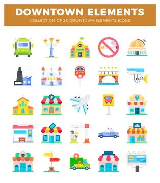 Flat design downtown urban element icons Stock Illustration
