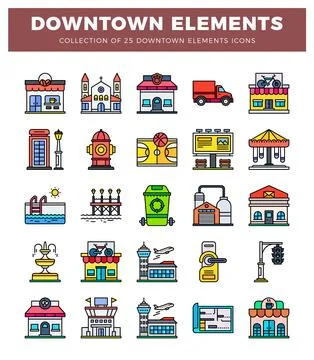 Flat design downtown urban element icons. Ilustración de archivo