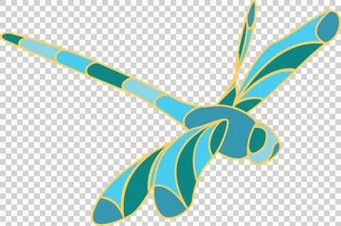 Flat design dragonfly showing segmented turquoise body and mosaic wings on Stock Illustration