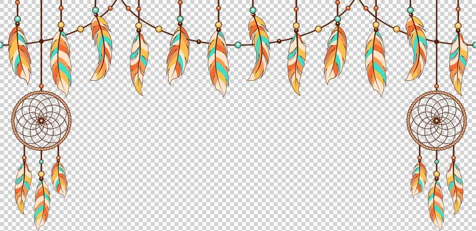 Flat design dreamcatcher border is floating on transparent field with vibrant Illustration