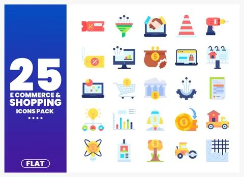 Flat design e-commerce and shopping icons pack on white background. Stock Illustration