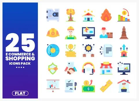 Flat design e-commerce and shopping icons pack in a grid layout. Illustration