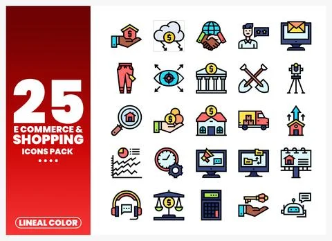 Flat design e-commerce and shopping icons pack with assorted business symbols Stock Illustration