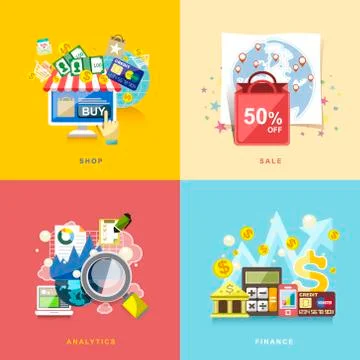 Flat design for e-commerce, online shopping, sale, finance, analytics Stock Illustration