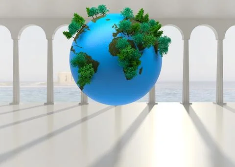 Flat design Earth globe is floating inside marble portico, showing round arches Stock Illustration