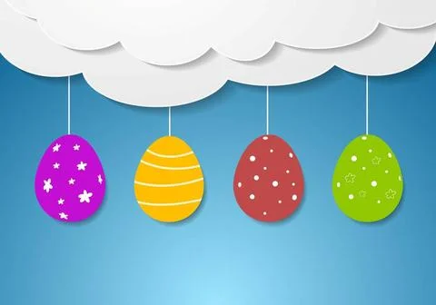 Flat design with Easter eggs and clouds Flat Easter holiday design. Blue b... Stock Photos