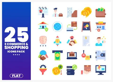 Flat design ecommerce and shopping icons pack with diverse elements Stock Illustration
