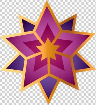 Flat design eight-pointed star is showing pink-purple facets, golden border, Stock Illustration