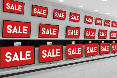 Flat design electronics showroom is showcasing grid of flat-screen TVs with r Stock Illustration