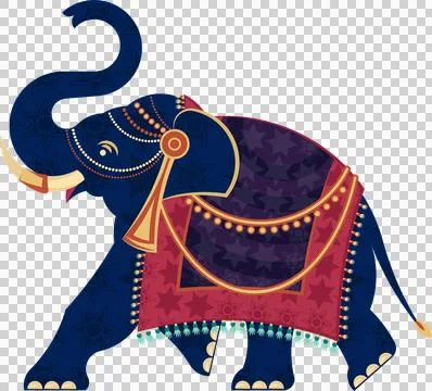 Flat design elephant is facing left on transparent backdrop with tusks tipped Stock Illustration