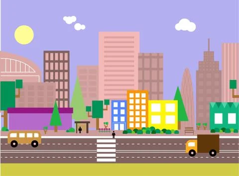 Flat design evening urban landscape illustration. Stock Illustration