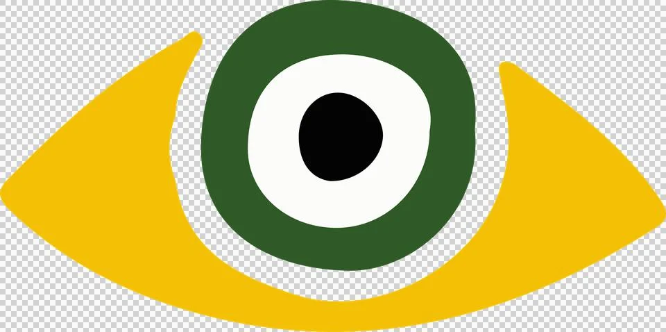 Flat design eye icon on clear backdrop, showing yellow eyelid green iris, white Stock Illustration