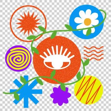 Flat design eye in orange circle is linking colorful shapes with green vine on Stock Illustration
