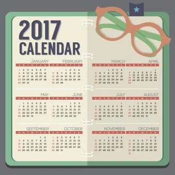 Flat Design Eyeglasses On Notebook 2017 Printable Calendar Starts Sunday Vect Stock Illustration