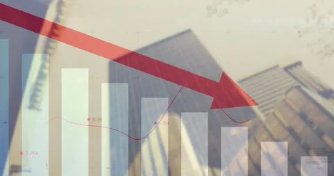 Flat design faded bar chart descending over faint skyline, red arrow slicing Stock Footage 327783717