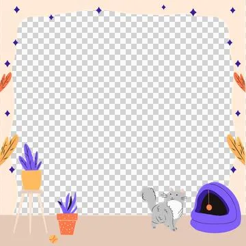 Flat design is featuring grey cat by plants, teal panel on transparent Stock Illustration