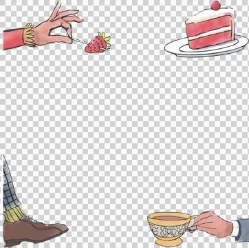 Flat design is featuring limbs holding cake slice, tea cup on transparent Stock Illustration