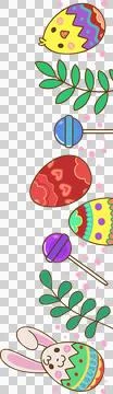 Flat design is featuring pastel Easter eggs, bunny shell, leaves, lollipops, Stock Illustration