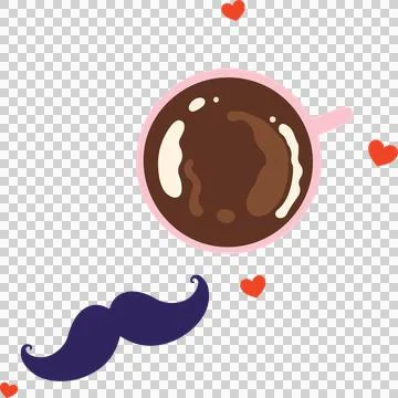 Flat design featuring pink coffee mug, swirls, navy moustache, red hearts, Stock Illustration