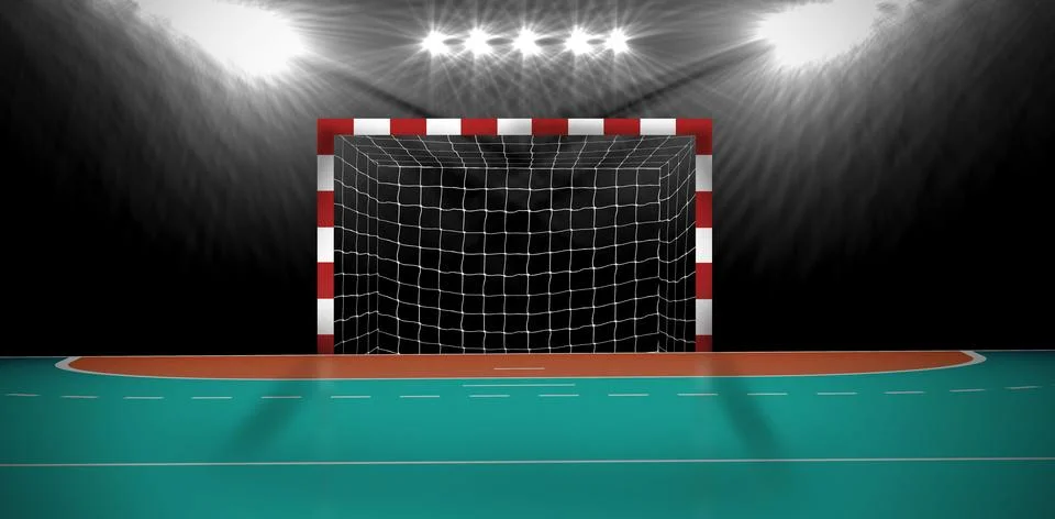 Flat design featuring red white netted goal frame on turquoise court with orange 스톡 일러스트