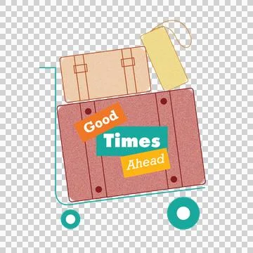 Flat design is featuring teal trolley carrying cases with Good Times Ahead, Illustration