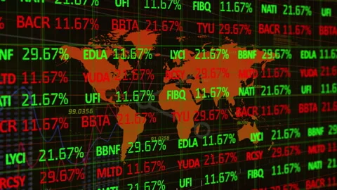 Flat design finance dashboard showing orange world map centered, with red green Stock Footage 309111243