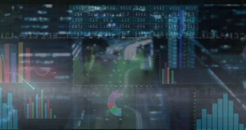 Flat design finance overlay displaying numeric table with line graph, bar charts Stock Footage 309156163