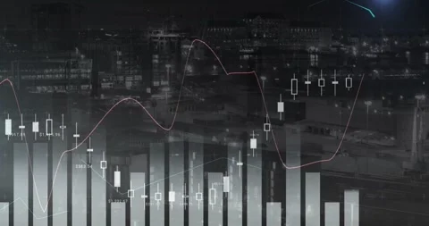 Flat design financial charts overlaying harbor skyline showing faint bars, Video stock 330114654