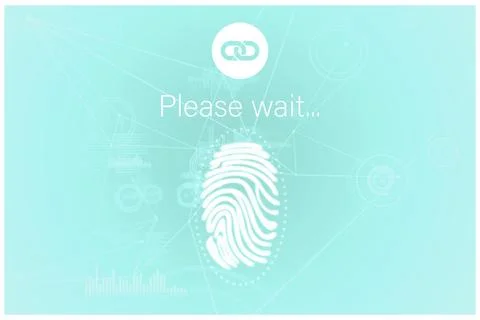 Flat design fingerprint loader is showing please wait text on teal gradient with Stock Photos