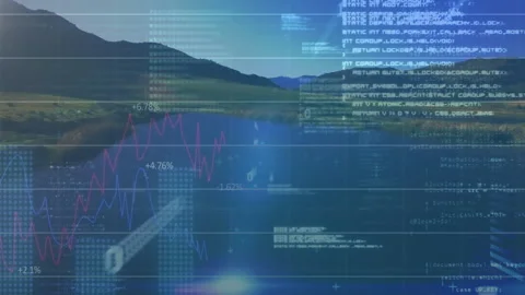 Flat design floating financial overlay rendering line graphs and code snippets Stock Footage 307857813