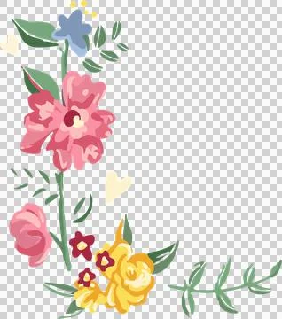 Flat design floral cluster is growing on left edge with pink bloom, hearts, Stock Illustration
