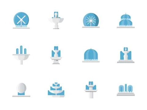 Flat design fountains architecture vector icons Stock Illustration