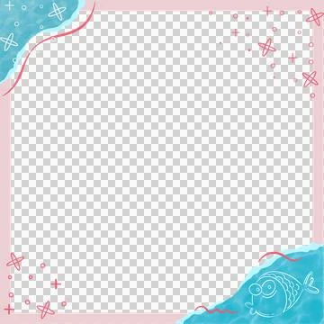 Flat design frame showing pink border, blue strokes, white doodles, fish on Stock Illustration