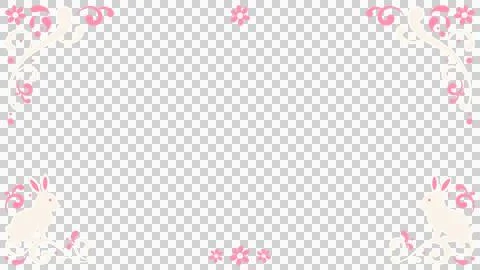 Flat design frame is showing scrolls with pink blossoms and cream rabbits on Stock Illustration