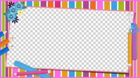 Flat design frame showing slate with pencils and scissors on transparent Stock Illustration