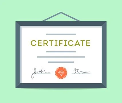 Flat design framed certificate hanging on the wall Stock Illustration